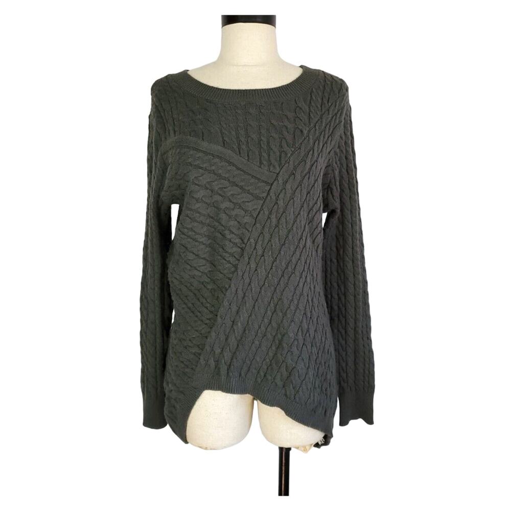 Evolution By Cyrus Sweater Women Medium Olive Cable Knit Asymmetric Hem Pullover